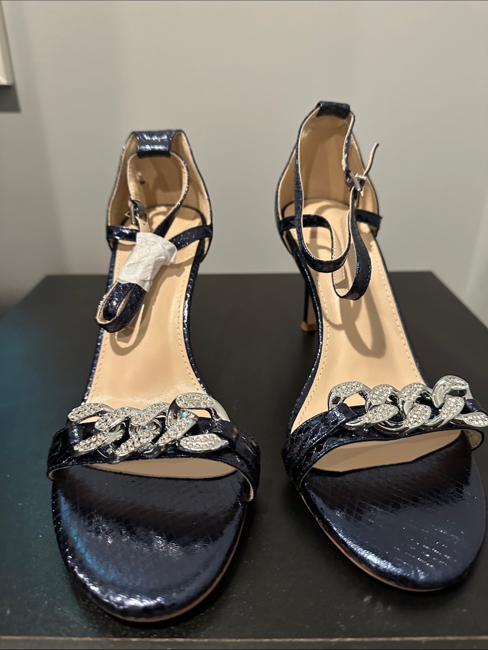 Women’s Navy Patent Chain-Detail Ankle-Strap Heels